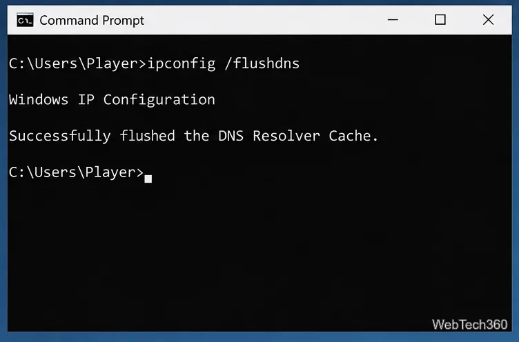 Windows Command Prompt showing ipconfig slash flushdns completed successfully