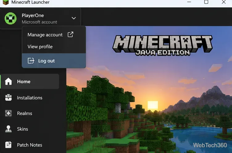 Minecraft Launcher account menu with the Log out option selected