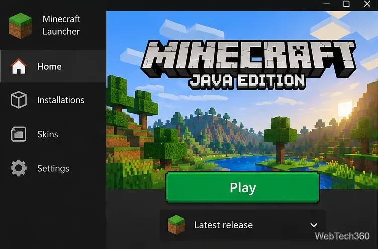 Minecraft Launcher Java Edition screen with Latest release selected and the Play button
