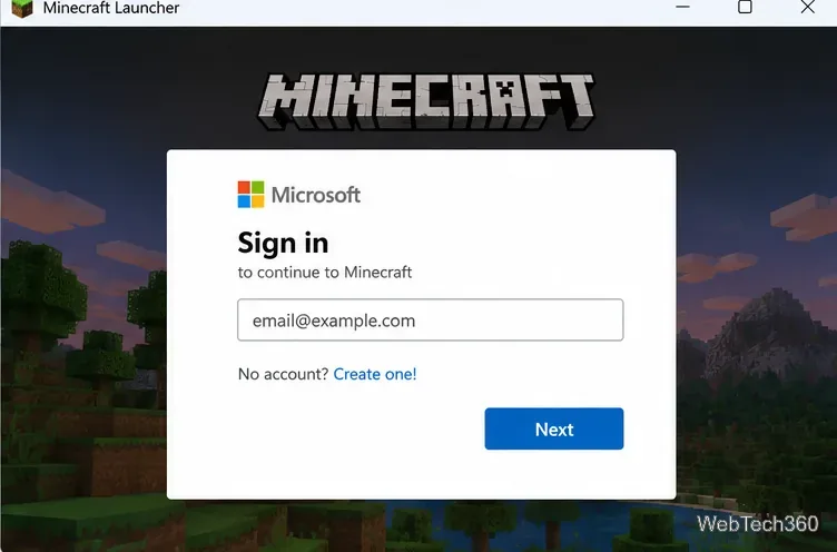 Microsoft sign-in dialog used to sign back into Minecraft