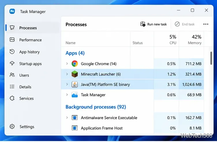 Windows Task Manager showing Minecraft Launcher and Java processes