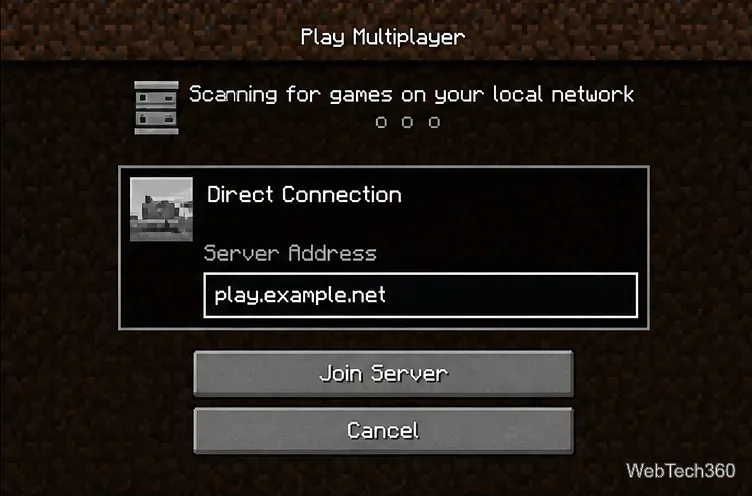 Minecraft Java Edition Direct Connection screen with a server address field
