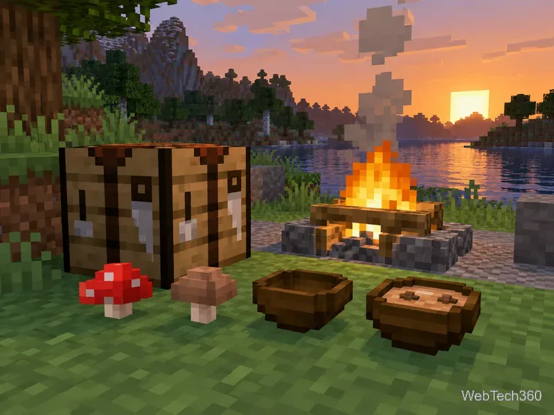 擺放在 Minecraft 工作台旁的碗裡裝著紅蘑菇和棕蘑菇。