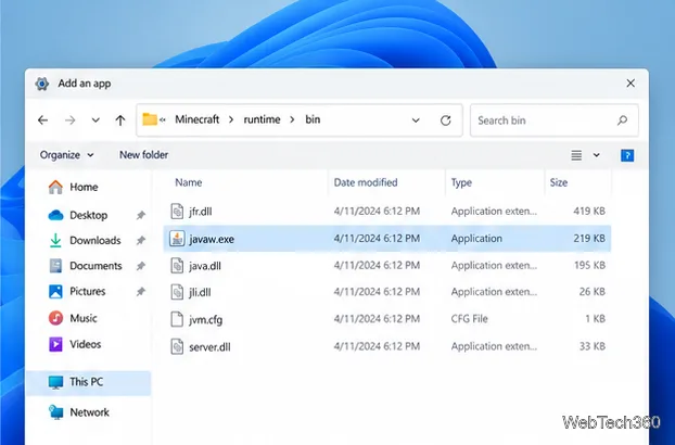 Windowsアプリ選択画面で、Minecraftランタイムフォルダ内のjavaw.exeがハイライト表示されている。