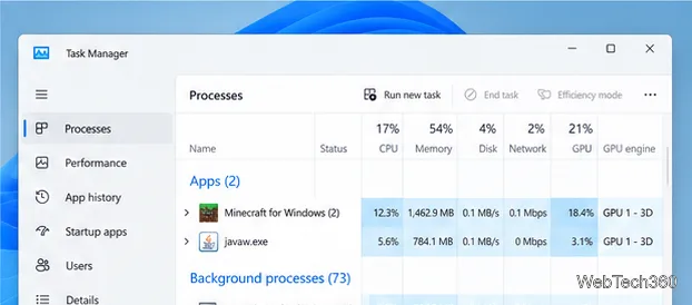 タスクマネージャーにMinecraftのプロセスとGPUエンジン列(GPU 1 3D)を表示