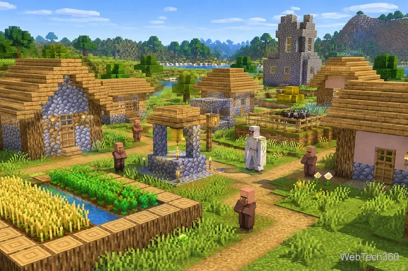 Деревня в Minecraft, расположенная на равнине, с домами из дерева и булыжника, центральным колоколом, полями, жителями и железным големом.