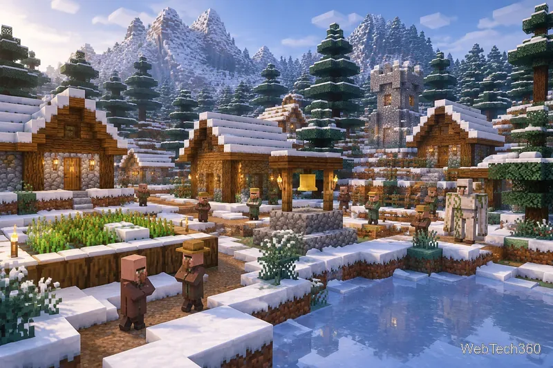 Заснеженная таёжная деревня в Minecraft с домами с еловыми крышами, заснеженными тропами, жителями, посевами и железным големом.