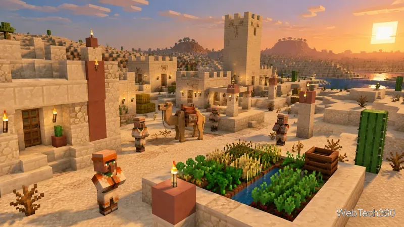 Пустынная деревня в Minecraft с постройками из песчаника, верблюдом, освещенными факелами тропами и орошаемыми полями.