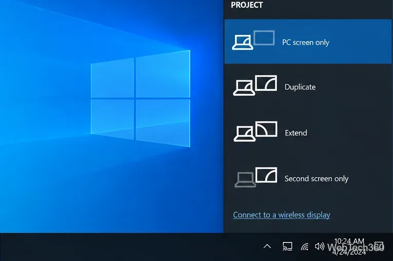 Windows 10 Project panel showing PC screen only, Duplicate, Extend, and Second screen only