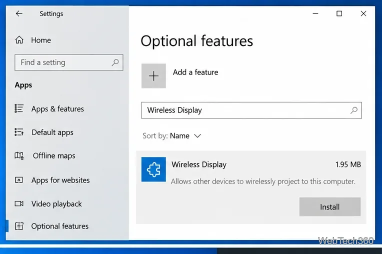 Windows 10 Optional features page showing Wireless Display with an Install button