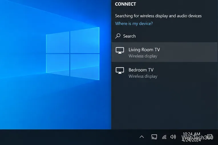 Windows 10 Connect panel listing Living Room TV and Bedroom TV as wireless displays