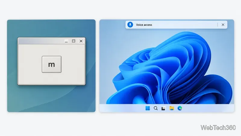 Conceptual comparison of Mitini’s single m control and the Windows 11 Voice access bar