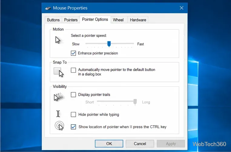 Options du pointeur de la souris dans les propriétés de Windows 10 (l'option « Masquer le pointeur pendant la frappe » est désactivée)