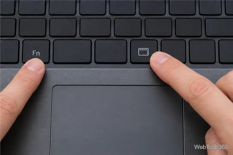 Un clavier d'ordinateur portable avec un doigt appuyant sur la touche de basculement du pavé tactile à côté de Fn