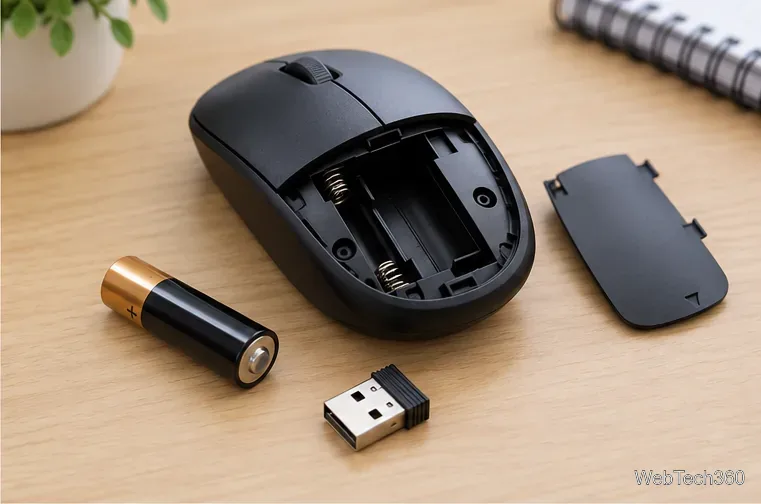 Une souris sans fil dont le couvercle de la batterie est ouvert, à côté d'une batterie et d'un récepteur USB.