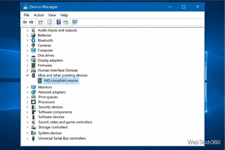 Gestionnaire de périphériques Windows 10 avec souris et autres périphériques de pointage étendu