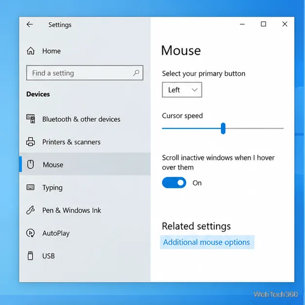 Karta Przyciski właściwości myszy w systemie Windows 10 z kontrolą szybkości dwukrotnego kliknięcia i blokadą kliknięcia