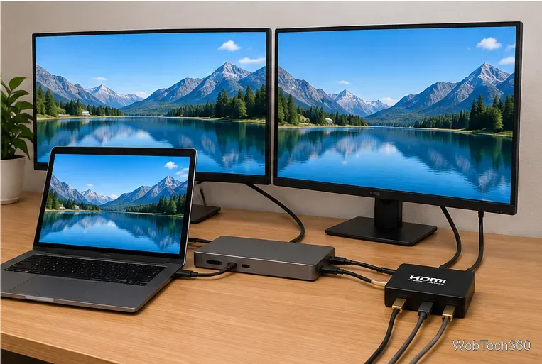 Laptop connected through a dock and HDMI splitter to two external monitors