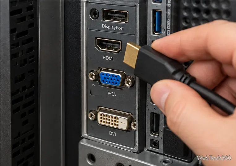 Desktop PC video outputs including DisplayPort, HDMI, VGA, and DVI