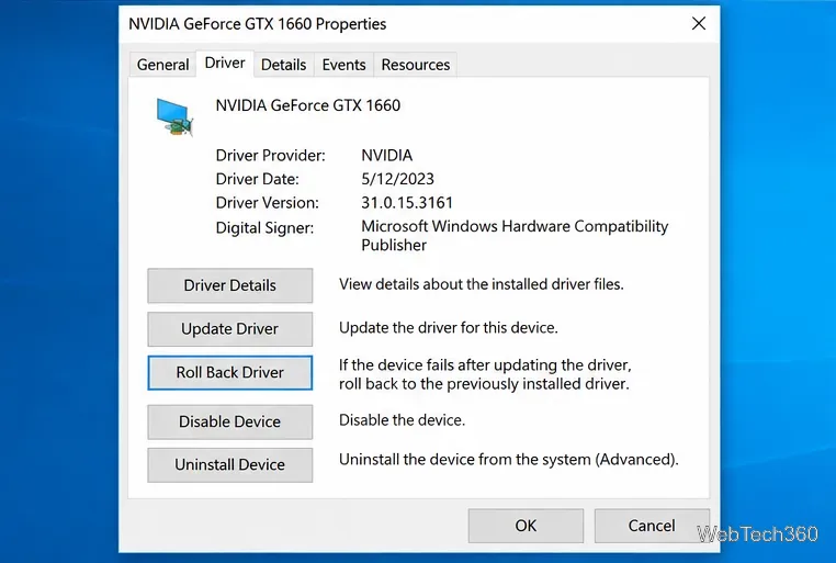 Graphics adapter Properties Driver tab with Roll Back Driver available