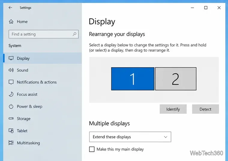 Windows 10 Display settings showing monitors 1 and 2 and the Detect button