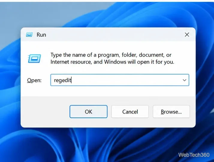 Boîte de dialogue Exécuter de Windows avec regedit saisi dans le champ Ouvrir