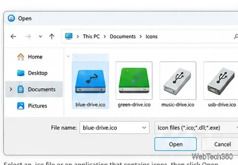 Boîte de dialogue Ouvrir un fichier de type Windows affichant plusieurs icônes de lecteur ICO et un bouton Ouvrir