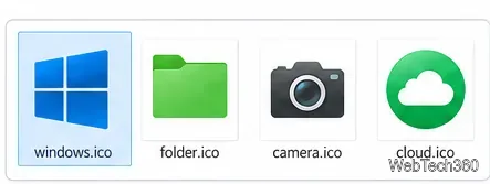 Quatre fichiers d'icônes différents représentant les symboles de Windows, de dossier, d'appareil photo et de nuage