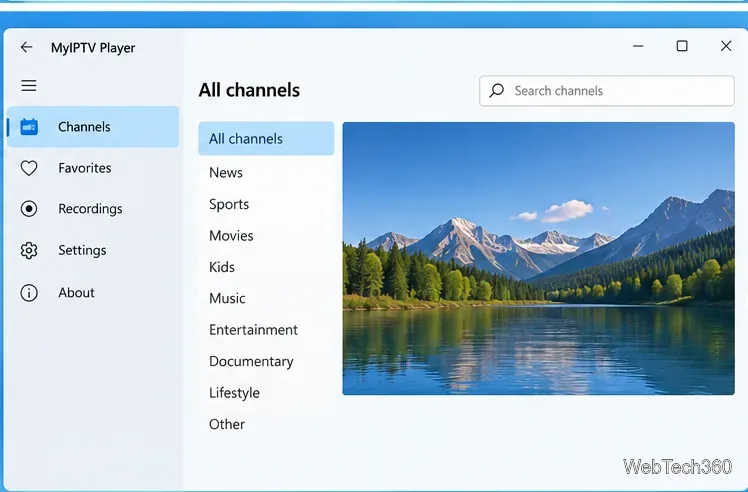 MyIPTV Player channel browser with categories, search, and a video preview area