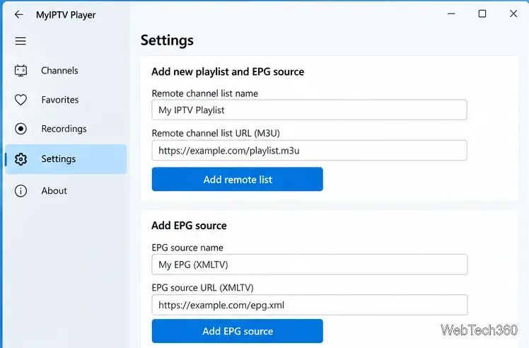MyIPTV Player settings showing remote M3U playlist and XMLTV EPG source fields