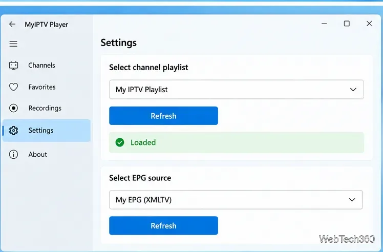 MyIPTV Player settings with channel playlist and EPG source selected and Refresh buttons