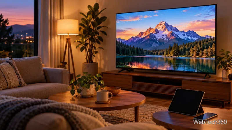 Dans un salon à l'éclairage chaleureux, un grand téléviseur diffuse une image nette de montagnes et de lacs, avec une tablette et un téléphone à proximité.