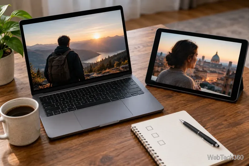 Un ordinateur portable et une tablette côte à côte, affichant différentes scènes vidéo sur une table en bois