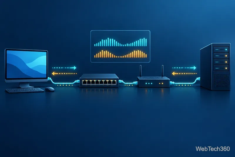 Um computador cliente e um servidor trocam dados através de um switch e um roteador, enquanto um gráfico sem rótulos acompanha o teste.