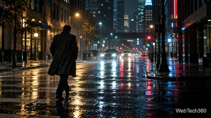 雨に濡れたダウンタウンの通りを、街の明かりが反射する中、一人の人物が通りを横切っていく。