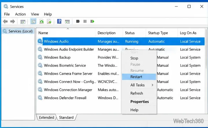 Windows Services console with Windows Audio selected and the Restart command highlighted