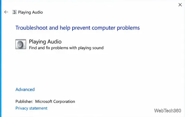 Windows 10 Playing Audio troubleshooter window