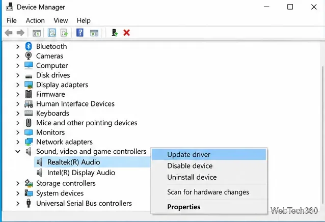 Windows 10 Device Manager with Realtek Audio selected and the Update driver command available