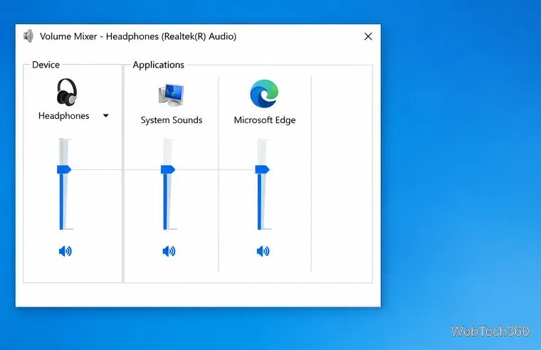 Микшер громкости Windows 10 с отдельными ползунками регулировки громкости для наушников, системных звуков и Microsoft Edge.