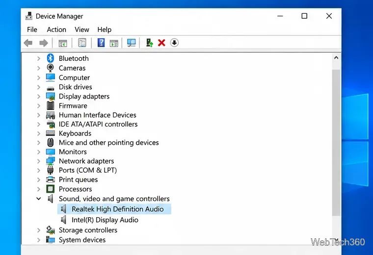 В диспетчере устройств Windows 10 в разделе «Звуковые, видео и игровые устройства» отображается Realtek High Definition Audio.