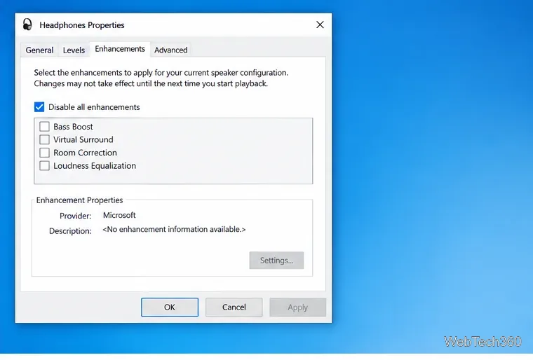 В настройках наушников в Windows 10 во вкладке «Улучшения» установите флажок «Отключить все улучшения».
