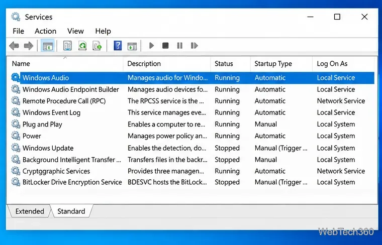 Консоль служб Windows, в которой отображается, что Windows Audio и Windows Audio Endpoint Builder запущены.