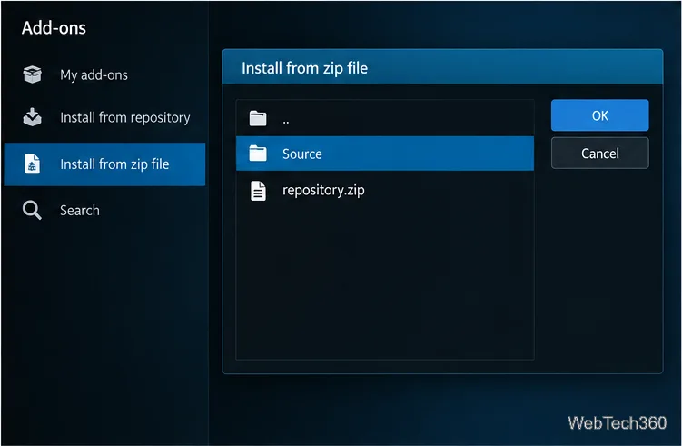 Kodiスタイルのアドオンブラウザで、zipファイルからのインストールと汎用リポジトリZIPを表示する