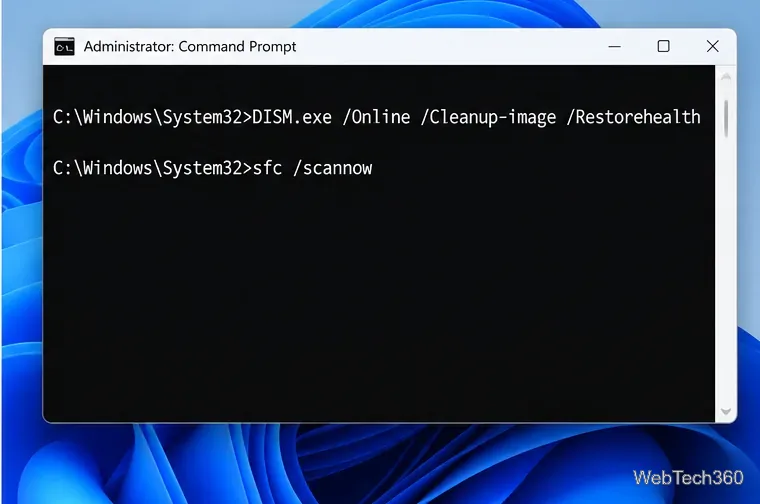 หน้าต่าง Command Prompt ของผู้ดูแลระบบแสดงคำสั่ง DISM RestoreHealth และ sfc scannow