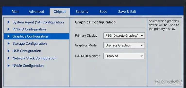 Пример экрана настроек графики UEFI с дискретной видеокартой, выбранной в качестве основного дисплея.
