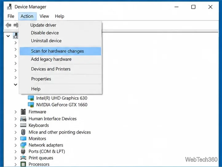 В меню «Диспетчер устройств» Windows 10 выделен пункт «Сканировать изменения оборудования».
