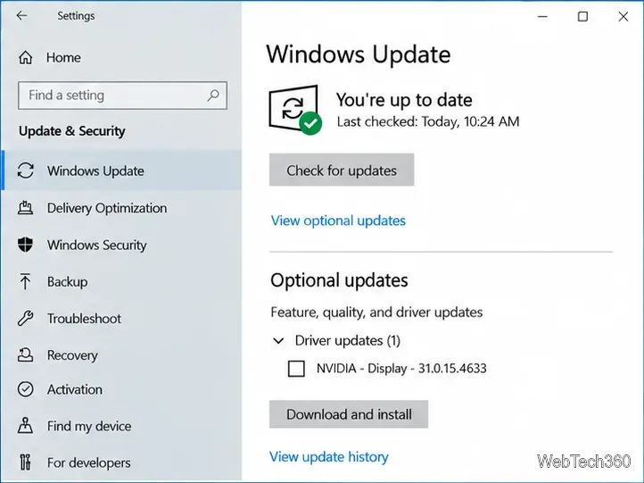Страница Центра обновления Windows 10 показывает необязательное обновление драйвера дисплея NVIDIA.