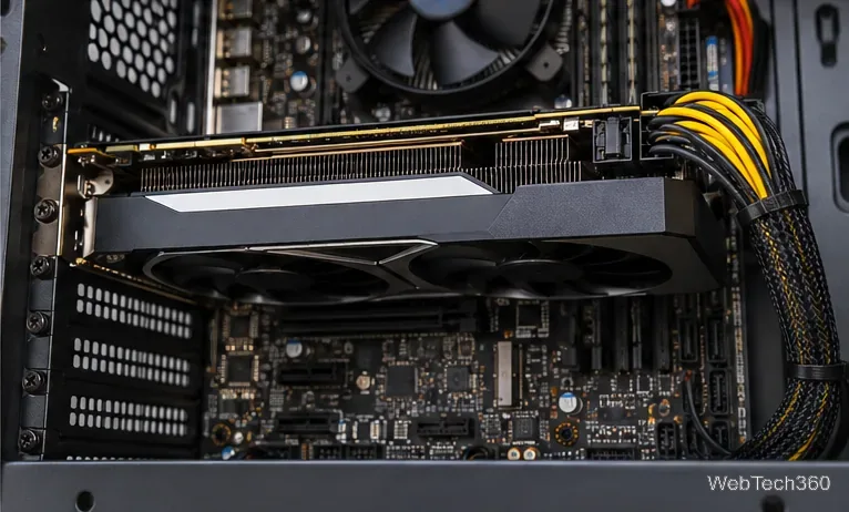 Настольная видеокарта установлена в слот PCIe, к нему подключены кабели питания PCIe.