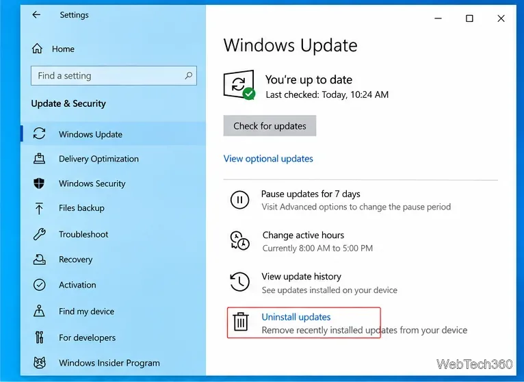 В настройках Центра обновления Windows 10 отображаются разделы «Просмотр истории обновлений» и «Удаление обновлений».