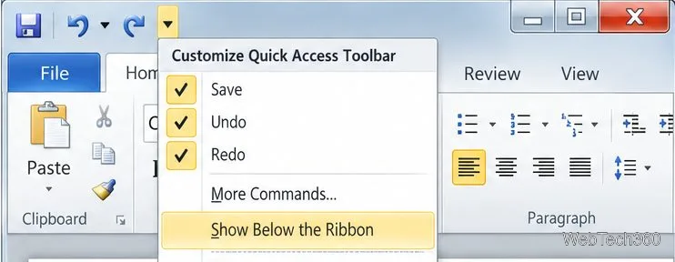 Office 2010 スタイルのクイック アクセス ツールバー メニューで、「リボンの下に表示」がハイライト表示されています。
